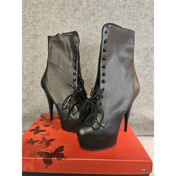 Pleaser Delight 1020 Black Stripper Leather Pole Boots 14 Lace‎ Up Platform NEW - Picture 1 of 16
